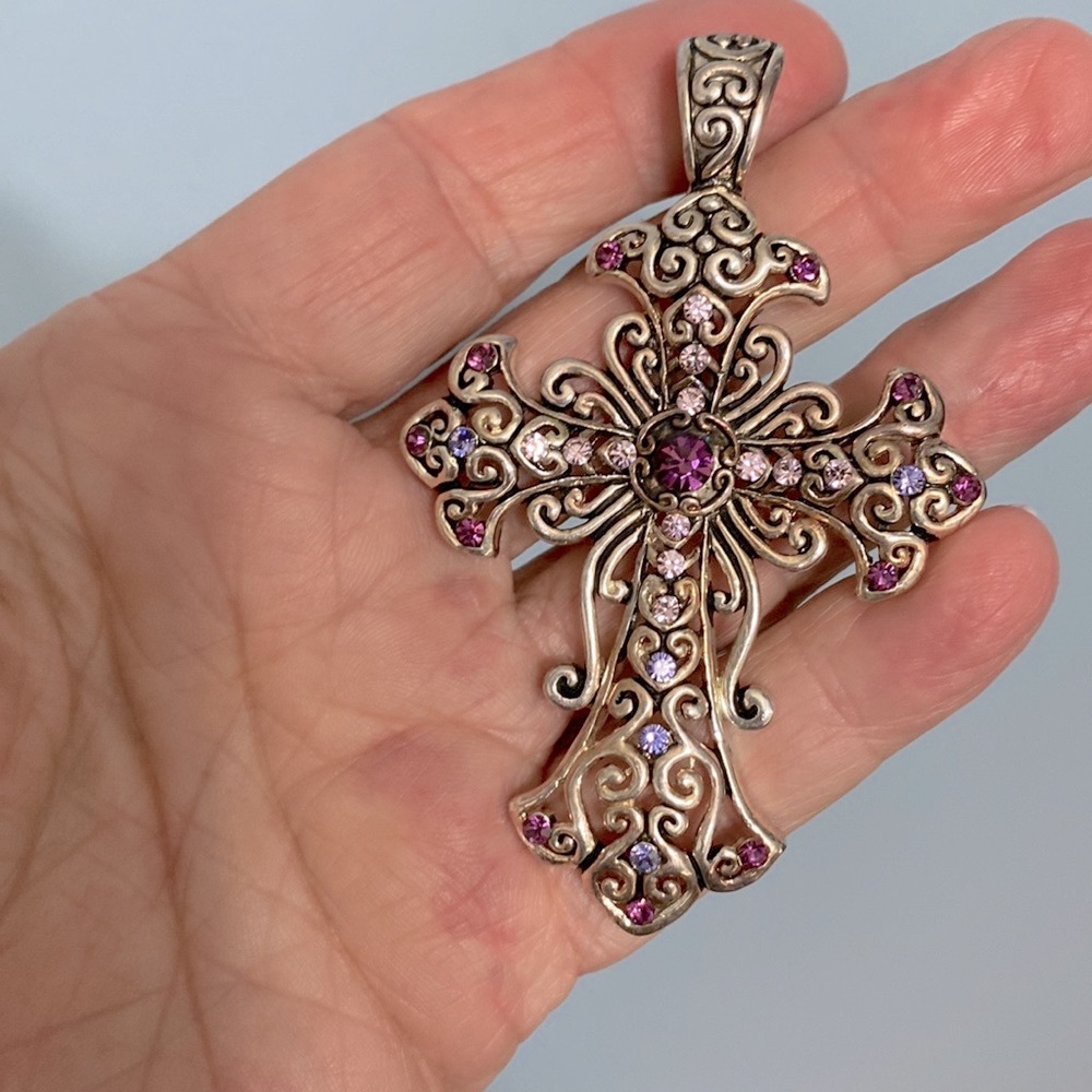 Ornate Cross Pendant-Purple Stones
